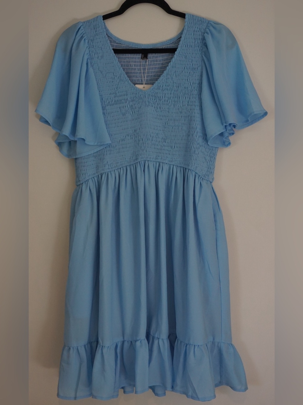 Light Blue Smocked Mini Dress with Flutter Sleeves